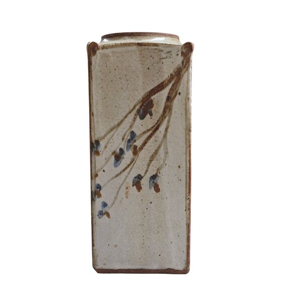 Unknown Other - Heavy Stoneware Clay Urn Vase Rustic Floral Rectangular Brown & Beige Glaze